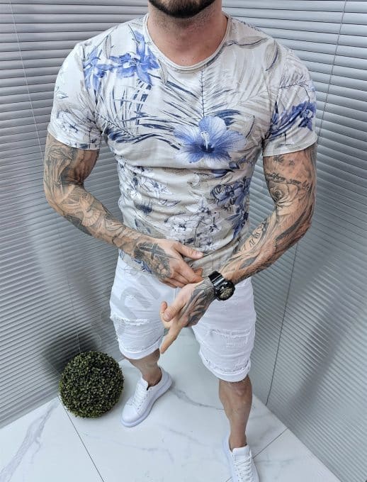 Tricou barbati in culoare capucino cu frunze si flori albastri cod 561-3