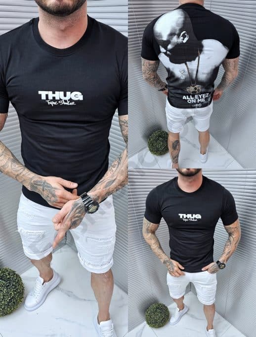 Tricou barbati cu inscris Thug in fata si imprimeu in spate-negru cod 7070