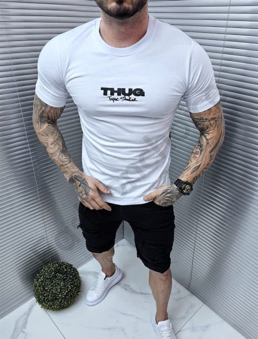 Tricou barbati cu inscris Thug in fata si imprimeu in spate-alb cod 7070-1