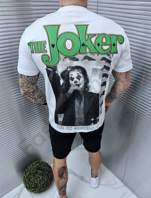 Tricou barbati Oversize cu inscris The Joker in fata si spate-alb cod 3240-1