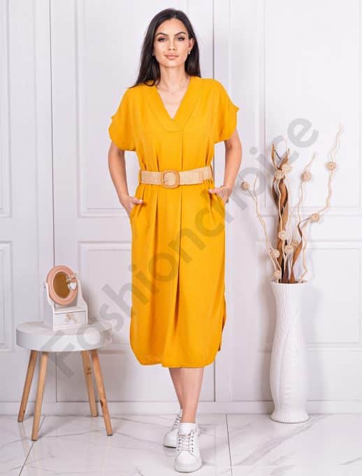 Rochie cu decolteu in forma V si curea-mustar cod 5904-2