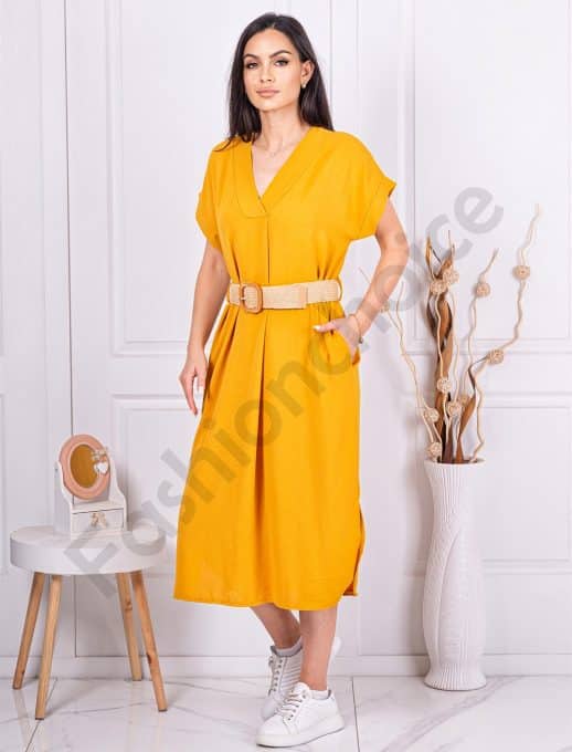 Rochie cu decolteu in forma V si curea-mustar cod 5904-2