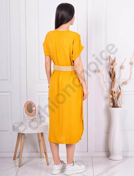 Rochie cu decolteu in forma V si curea-mustar cod 5904-2