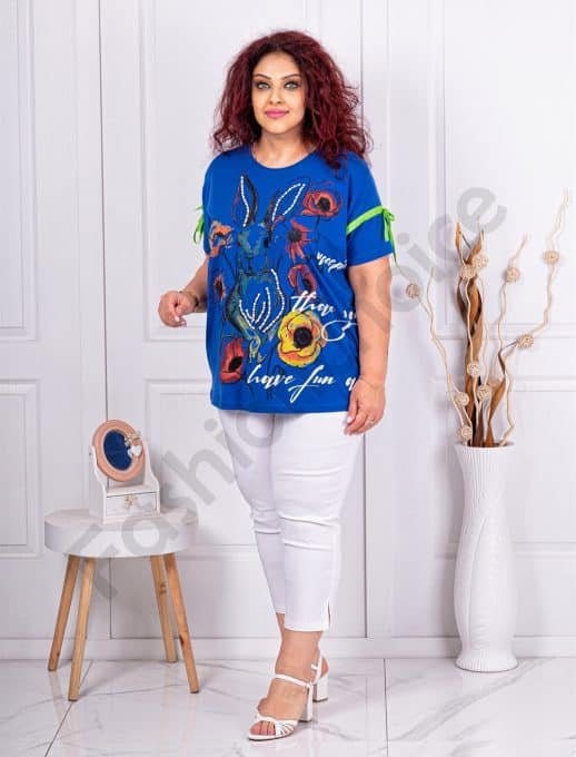 Bluza maxi cu aplicatie iepuras cu perle si pietricele-albastru regal cod 8311-2