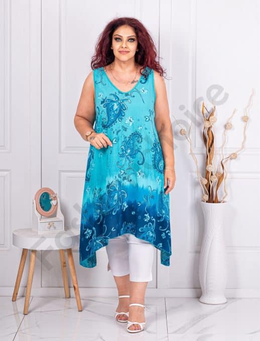 Top maxi cu croi asimetric si motive multicolor-turcoaz cod 241188-2
