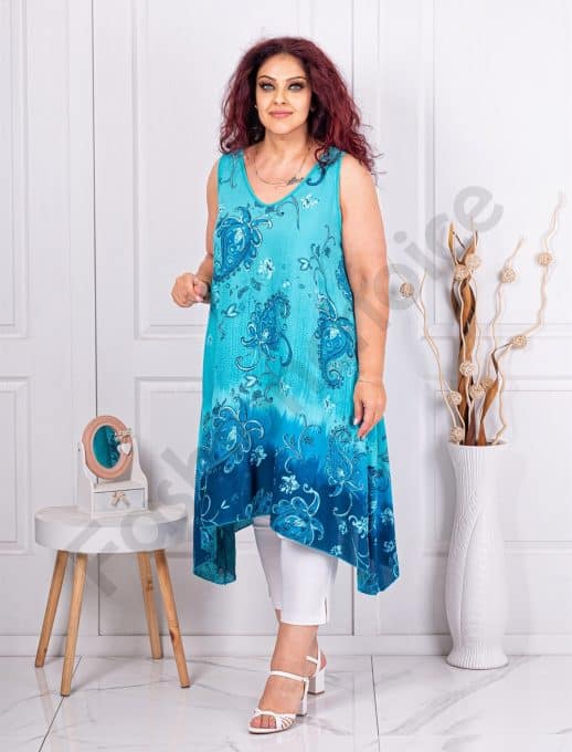 Top maxi cu croi asimetric si motive multicolor-turcoaz cod 241188-2
