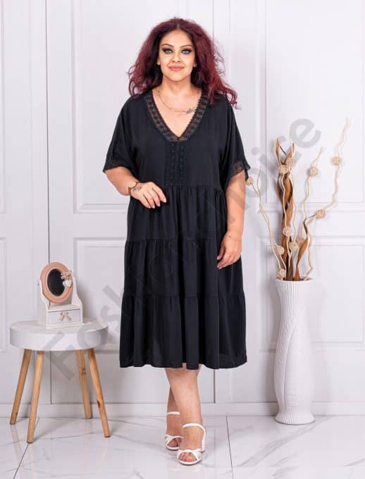 Rochie maxi cu dantela Brussel si volane-negru cod 2470