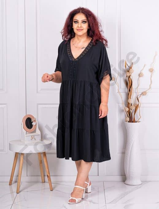 Rochie maxi cu dantela Brussel si volane-negru cod 2470