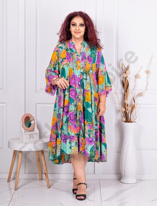 Rochie maxi din matase cu imprimeu floral-mov cod 613
