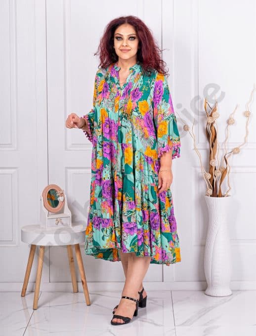 Rochie maxi din matase cu imprimeu floral-mov cod 613
