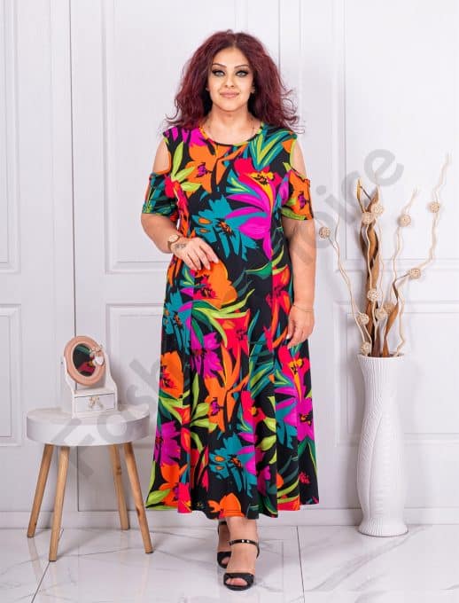 Rochie maxi in clos cu umeri decupati si imprimeu flori multicolor cod 608524-6