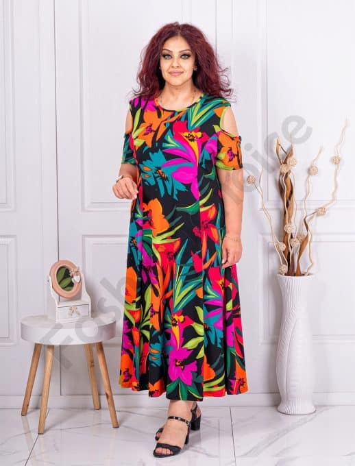 Rochie maxi in clos cu umeri decupati si imprimeu flori multicolor cod 608524-6