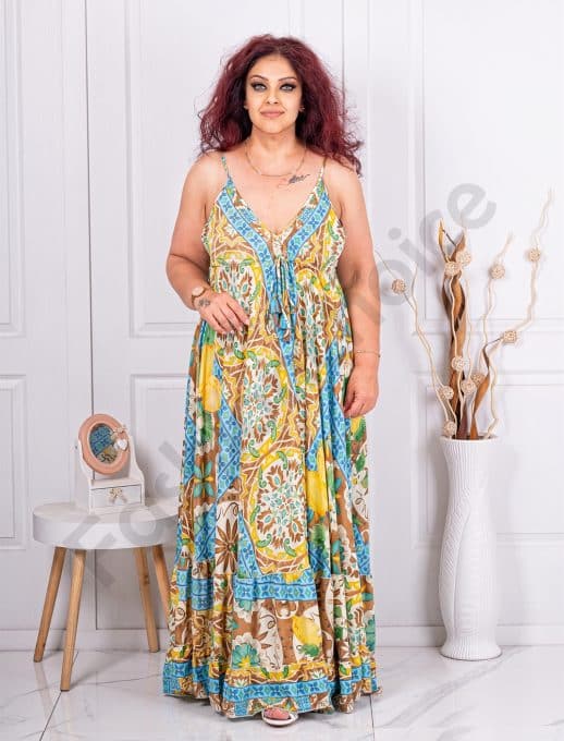 Rochie maxi din matase cu volane si print Boho cod 4506-1