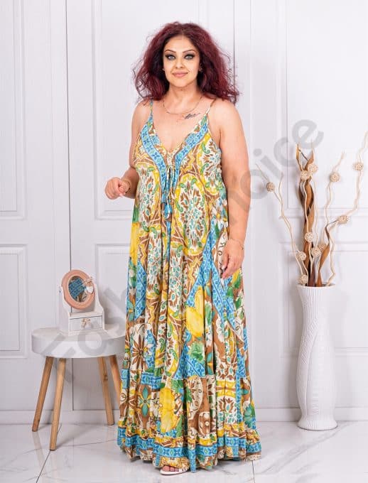Rochie maxi din matase cu volane si print Boho cod 4506-1