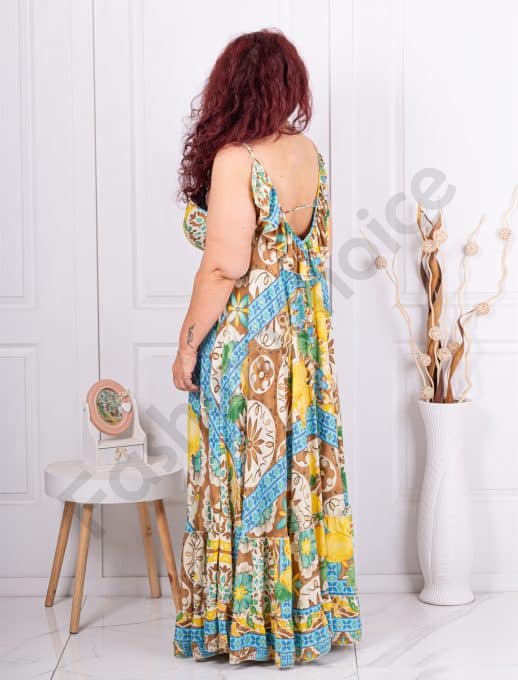 Rochie maxi din matase cu volane si print Boho cod 4506-1