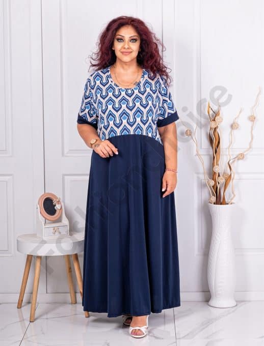 Rochie maxi eleganta cu imprimeu modern-albastru inchis cod 6401-9