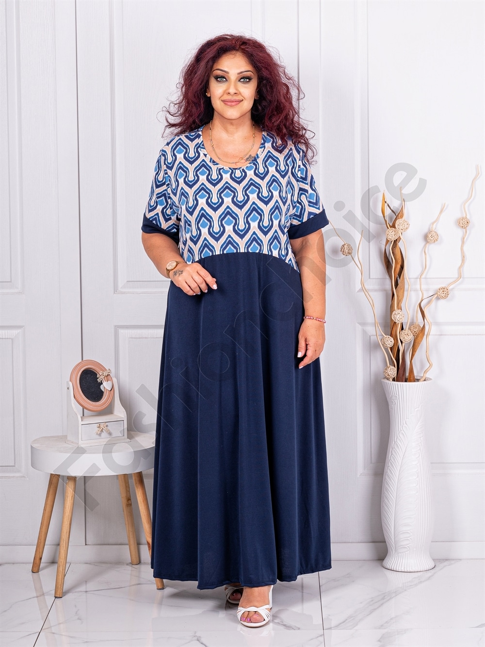 Rochie maxi eleganta cu imprimeu modern-albastru inchis cod 6401-9
