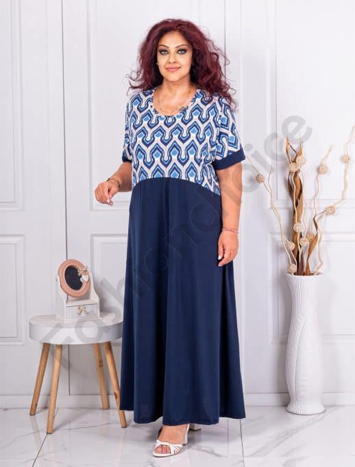 Rochie maxi eleganta cu imprimeu modern-albastru inchis cod 6401-9