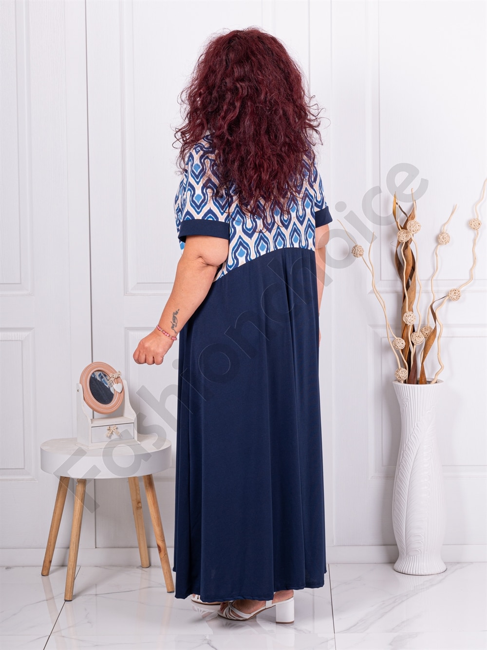 Rochie maxi eleganta cu imprimeu modern-albastru inchis cod 6401-9