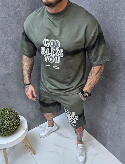 Compleu barbati Oversize pentru vara cu inscris God bless you-kaki cod 7034-2