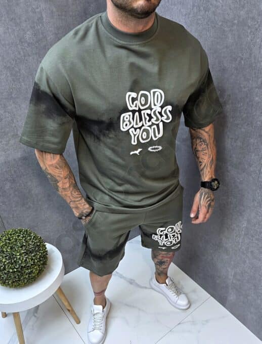 Compleu barbati Oversize pentru vara cu inscris God bless you-kaki cod 7034-2
