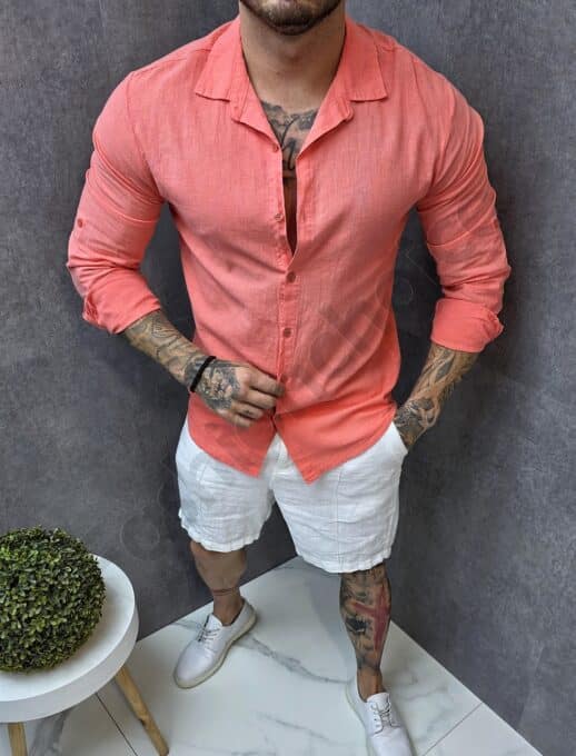 Camasa Italiana pentru barbati din In cu guler clasic-coral cod 16506-5