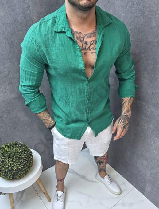 Camasa Italiana pentru barbati din In cu guler clasic-verde cod 16506-7