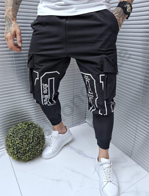 Pantalon sport din fas cu buzunare cargo si inscriptii cod 9080