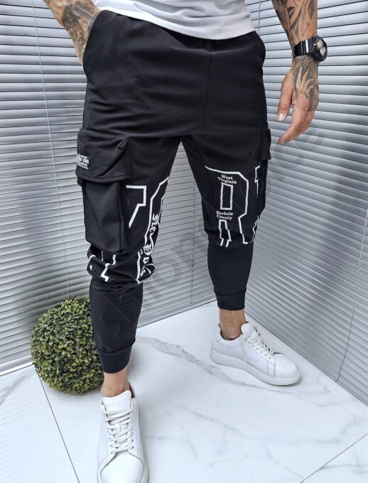 Pantalon sport din fas cu buzunare cargo si inscriptii cod 9080