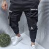 Pantalon sport din material in relief cu buzunare cargo-negru cod 3395