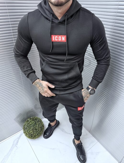 Compleu sport cu hanorac hoodie si broderie-negru cod 1013
