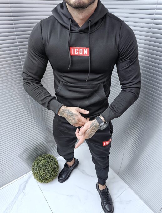 Compleu sport cu hanorac hoodie si broderie-negru cod 1013
