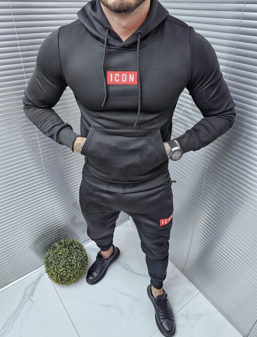 Compleu sport cu hanorac hoodie si broderie-negru cod 1013