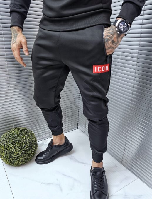 Compleu sport cu hanorac hoodie si broderie-negru cod 1013