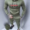 Compleu sport cu hanorac hoodie si inscris cauciucat-kaki cod 1014-2