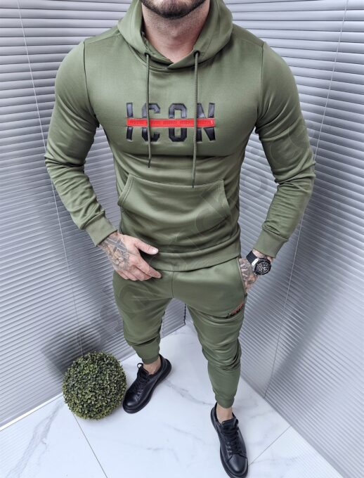 Compleu sport cu hanorac hoodie si inscris cauciucat-kaki cod 1014-2