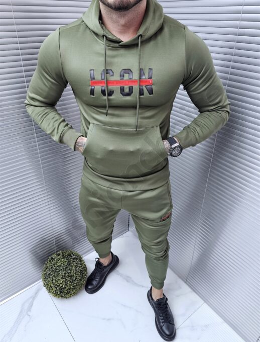 Compleu sport cu hanorac hoodie si inscris cauciucat-kaki cod 1014-2