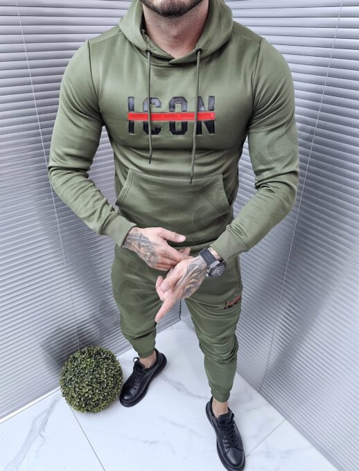 Compleu sport cu hanorac hoodie si inscris cauciucat-kaki cod 1014-2