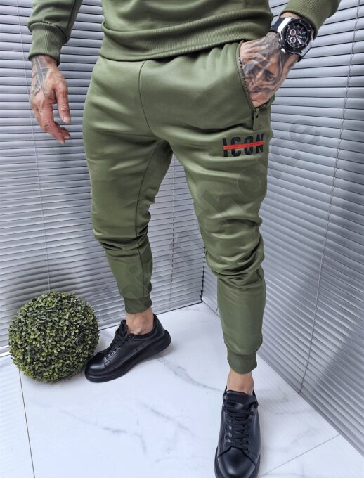 Compleu sport cu hanorac hoodie si inscris cauciucat-kaki cod 1014-2