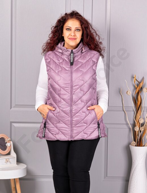 Vesta usoara maxi cu gluga si inscris Fashion-liliac cod 803-4