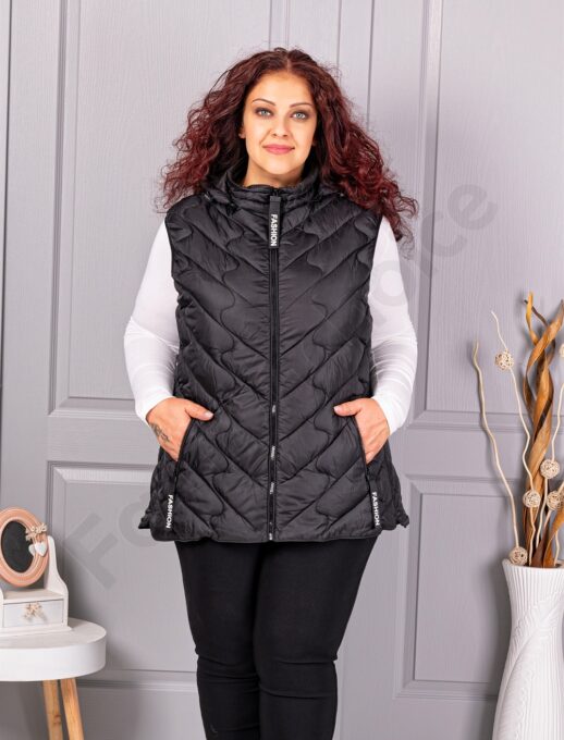 Vesta usoara maxi cu gluga si inscris Fashion-negru cod 803