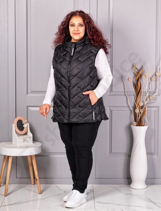 Vesta usoara maxi cu gluga si inscris Fashion-negru cod 803