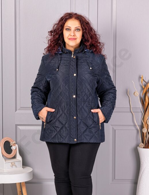 Maxi geaca matlasata cu gluga-albastru inchis cod 5606-3