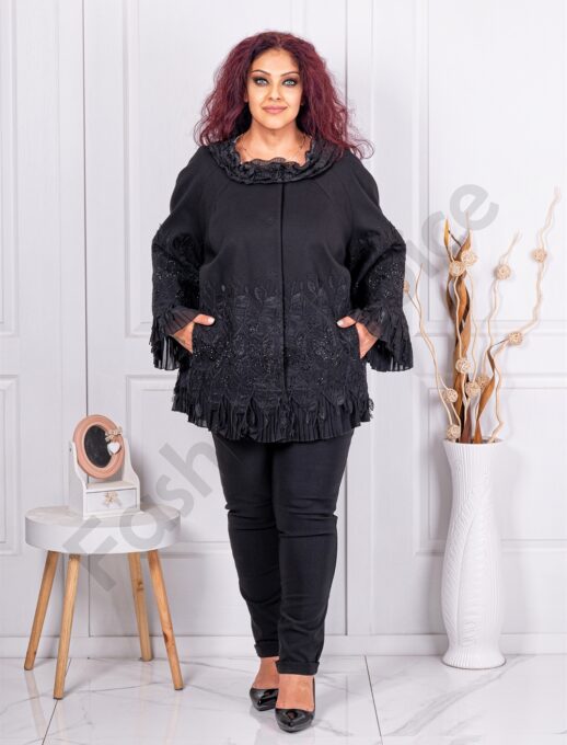Palton maxi cochet cu broderie si tull cod 3735