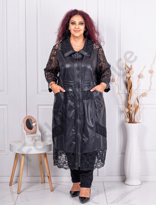 Jacheta maxi lunga cu material lucios si maneci din dantela cod 6156