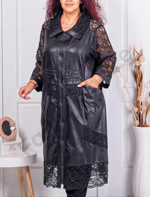Jacheta maxi lunga cu material lucios si maneci din dantela cod 6156