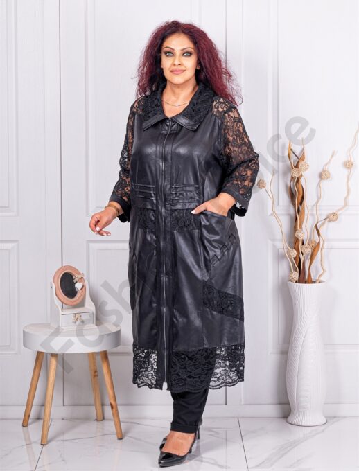 Jacheta maxi lunga cu material lucios si maneci din dantela cod 6156