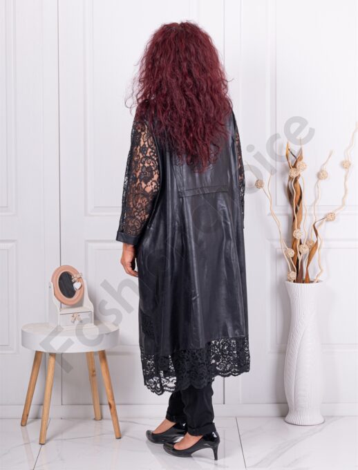 Jacheta maxi lunga cu material lucios si maneci din dantela cod 6156