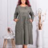 Rochie maxi din catifea reiata cu broderie englezeasca-kaki cod 10917-2