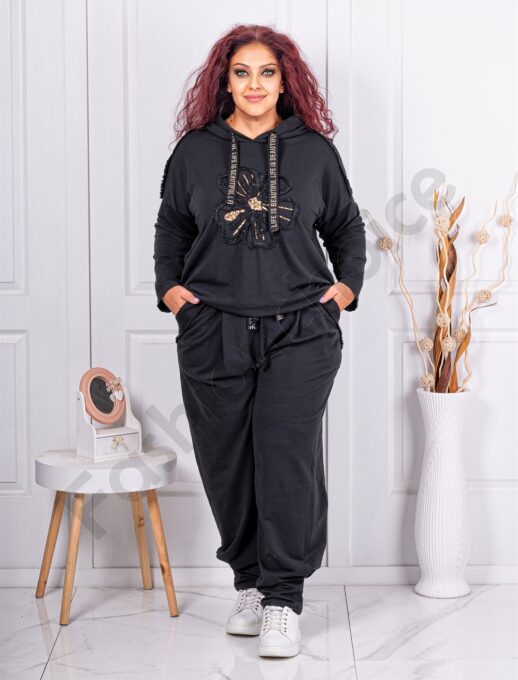 Compleu maxi sport-elegant cu aplicatie floare-negru cod 10824